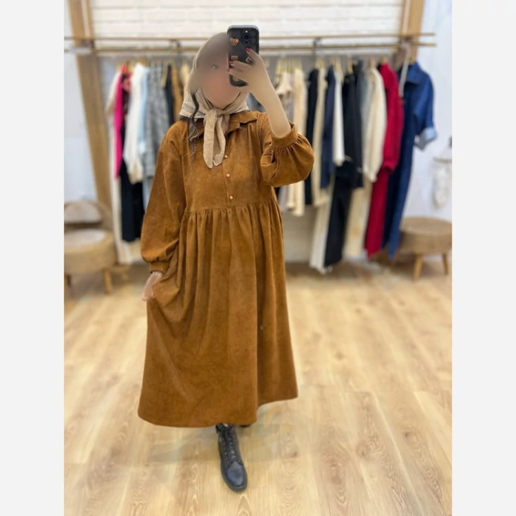 پیراهن زنانه باپارچه کبریتی مناسب فصل پاییز