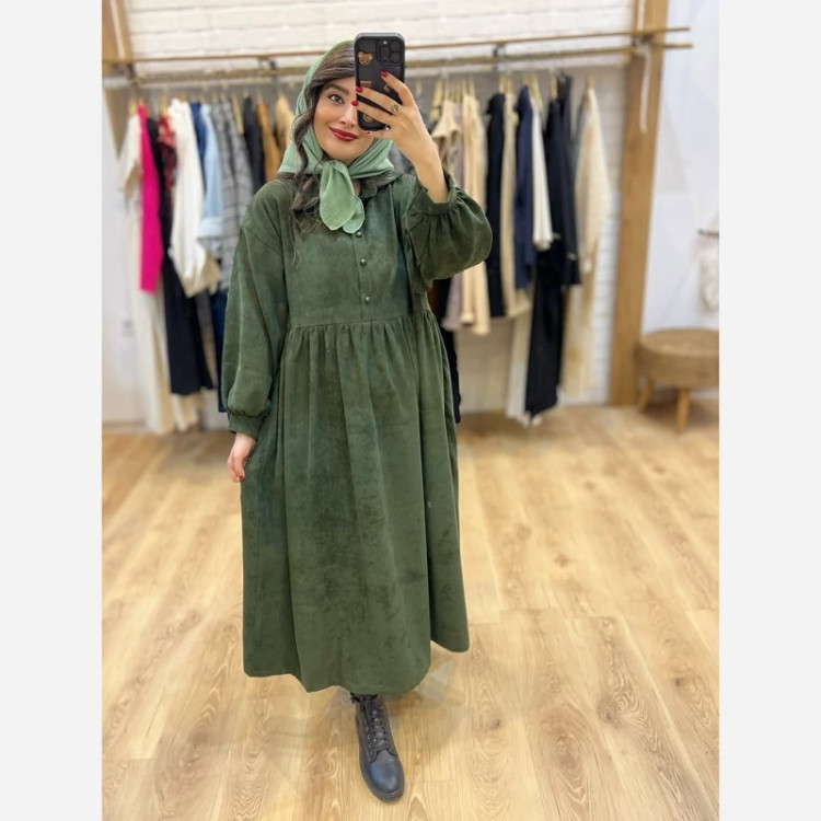 پیراهن زنانه باپارچه کبریتی مناسب فصل پاییز