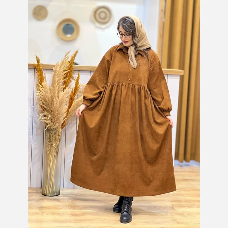 پیراهن زنانه باپارچه کبریتی مناسب فصل پاییز